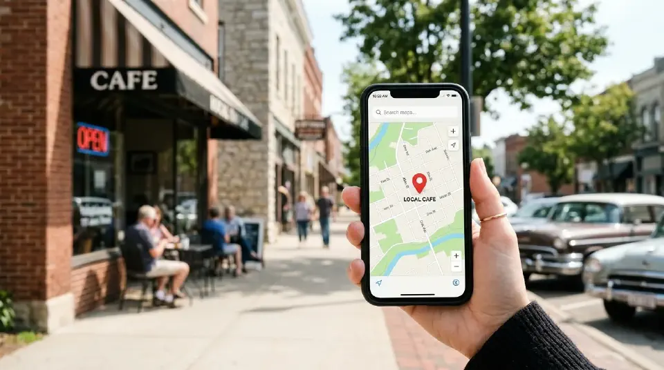 A hand holding a smartphone showing a map app with a red location pin and a small main-street cafe in the background.