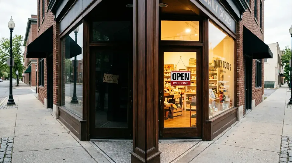 A side-by-side photo of two storefronts: one closed and dim on the left, one open and well-lit on the right.
