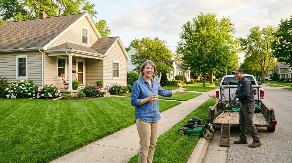 A neatly mowed front lawn at a suburban home with a homeowner gesturing approvingly at a worker loading a mower onto a trailer.