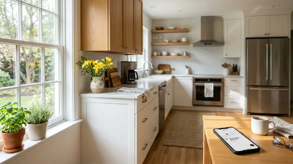 A bright, sunlit kitchen interior, freshly cleaned, with a small vase of flowers and a phone showing a calendar booking on the table.